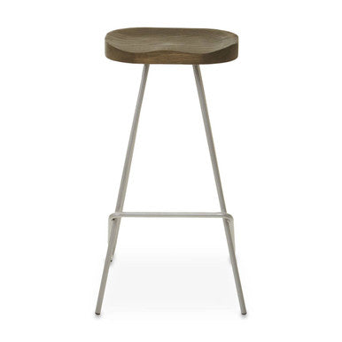 Bar stool with wooden seat and metal legs on a white background