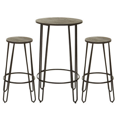 Set of three bar stools with wooden seats and metal legs on a white background