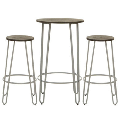 Set of three bar stools with metal legs and wooden seats on a white background