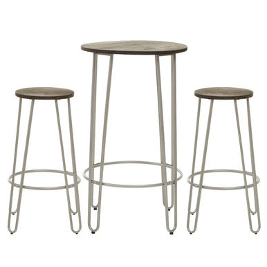 Set of three bar stools with metal legs and wooden seats on a white background