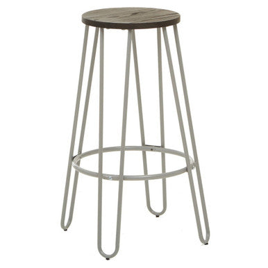 Bar stool with wooden seat and metal legs on a white background