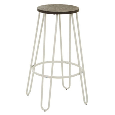 Bar stool with wooden seat and white metal legs on a white background