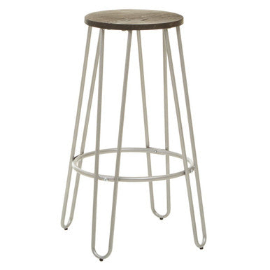 Bar stool with wooden seat and metal frame on a white background