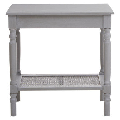 Gray side table with a woven shelf on a white background