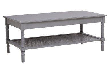 Slate Grey Wooden Coffee Table with Cane Webbed Lower Shelf and Carved Spindle Legs, Heritage