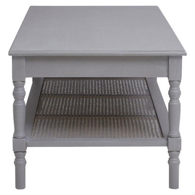 Slate Grey Wooden Coffee Table with Cane Webbed Lower Shelf and Carved Spindle Legs, Heritage