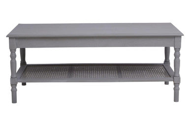 Gray coffee table with a shelf on a white background