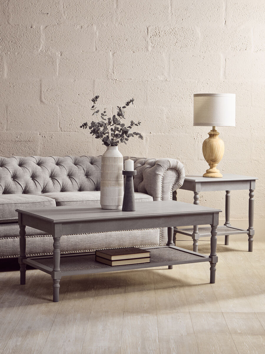 Slate Grey Wooden Coffee Table with Cane Webbed Lower Shelf and Carved Spindle Legs, Heritage