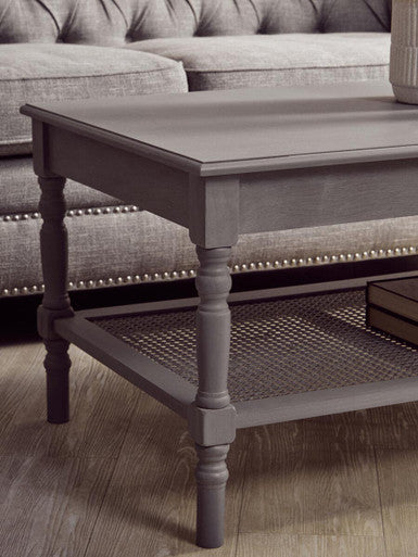 Slate Grey Wooden Coffee Table with Cane Webbed Lower Shelf and Carved Spindle Legs, Heritage