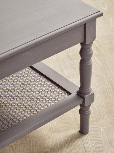 Slate Grey Wooden Coffee Table with Cane Webbed Lower Shelf and Carved Spindle Legs, Heritage