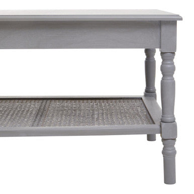 Slate Grey Wooden Coffee Table with Cane Webbed Lower Shelf and Carved Spindle Legs, Heritage
