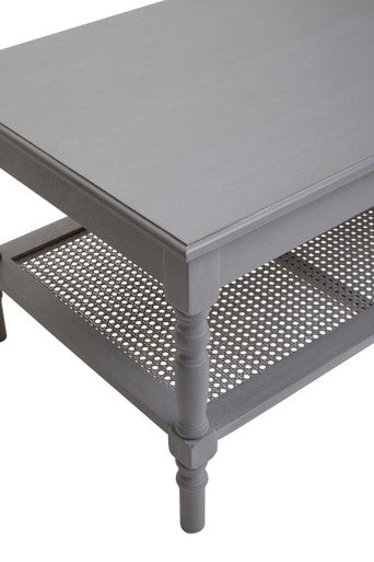 Slate Grey Wooden Coffee Table with Cane Webbed Lower Shelf and Carved Spindle Legs, Heritage
