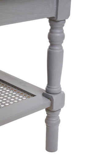 Slate Grey Wooden Coffee Table with Cane Webbed Lower Shelf and Carved Spindle Legs, Heritage