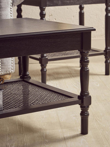 Black Wooden Coffee Table with Cane Webbed Lower Shelf and Carved Spindle Legs, Heritage