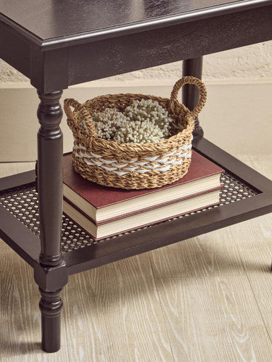Black Wooden Coffee Table with Cane Webbed Lower Shelf and Carved Spindle Legs, Heritage
