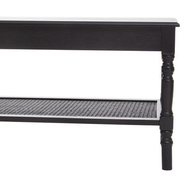 Black Wooden Coffee Table with Cane Webbed Lower Shelf and Carved Spindle Legs, Heritage