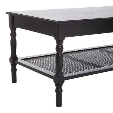 Black Wooden Coffee Table with Cane Webbed Lower Shelf and Carved Spindle Legs, Heritage
