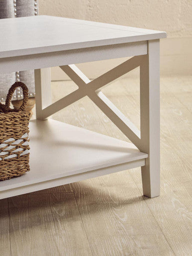 White Wooden Rectangular Coffee Table with Lower Shelf and X Frame Side Panels | Heritage