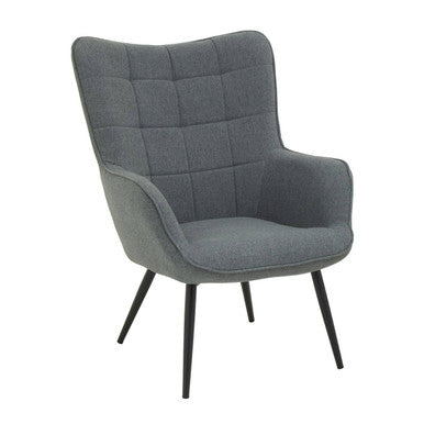 Gray upholstered armchair with black legs on a white background