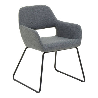 Gray upholstered chair with black metal legs on a white background