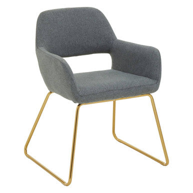 Gray upholstered chair with gold metal legs on a white background