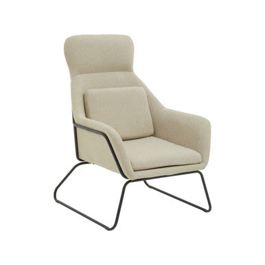 Beige armchair with black metal frame on a white background