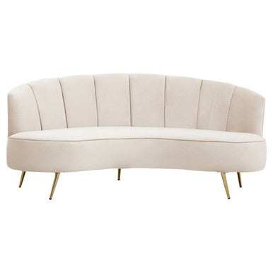 Beige sofa with gold legs on a white background