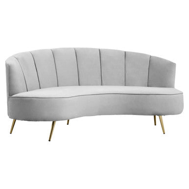 Gray curved sofa with gold legs on a white background