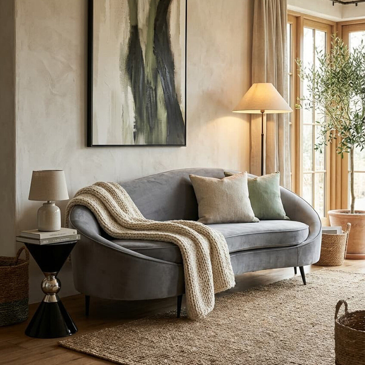 3 Seater Grey Velvet Sofa, Hasina