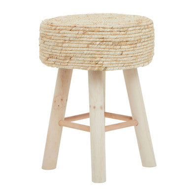 Woven stool with wooden legs on a white background
