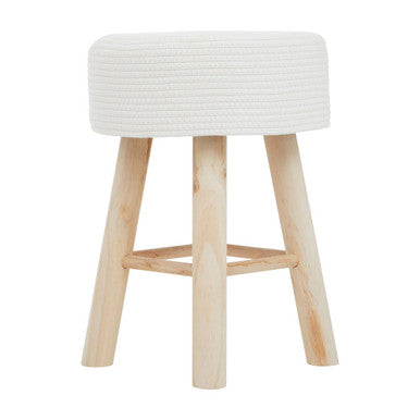 Stool with white woven top and wooden legs on a white background