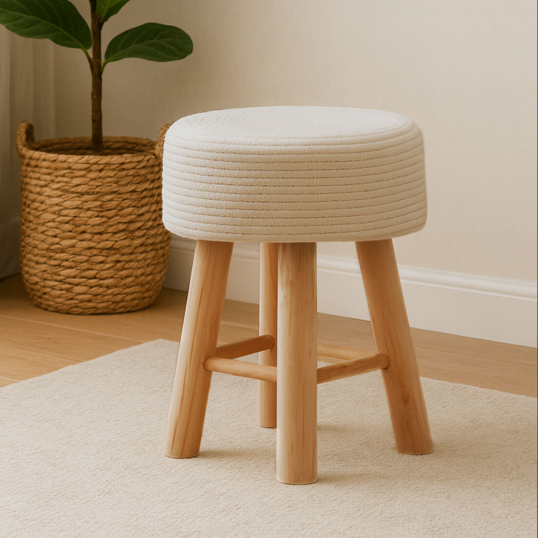 Wooden stool with a white cushioned top in a room with a plant and neutral decor.