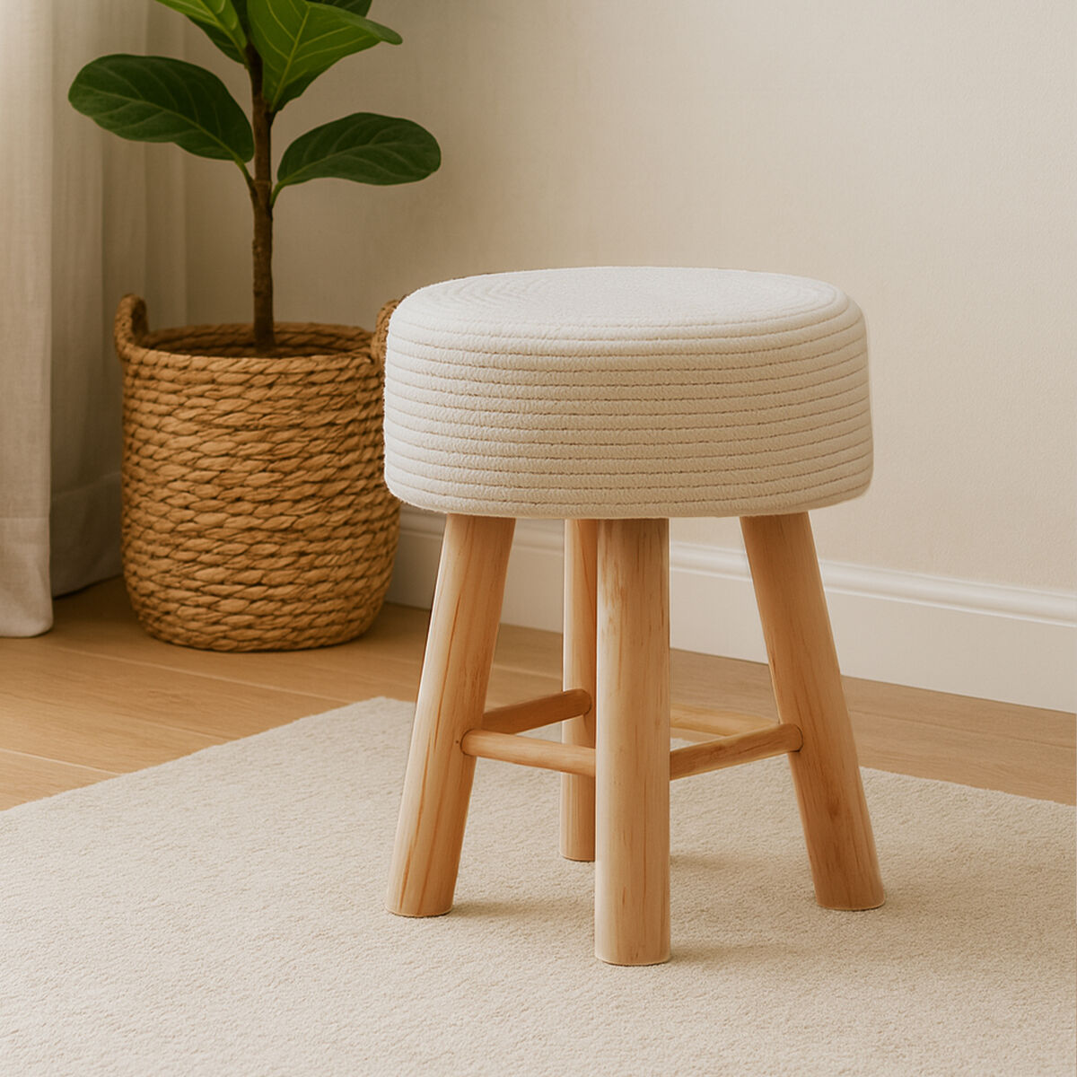 Wooden stool with a white cushioned top in a room with a plant and neutral decor.