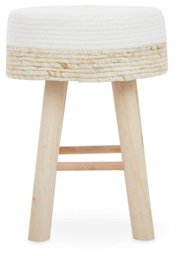 Stool with woven top and wooden legs on a white background