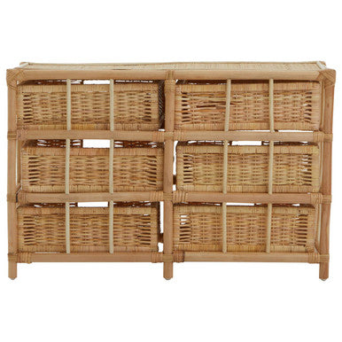 Wicker storage cabinet with multiple compartments on a white background