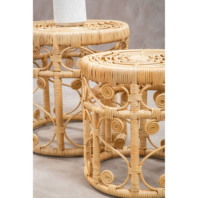 Natural Rattan Set of Two Nesting Tables with Tight Weave Top and Scrolled Base, Mataram