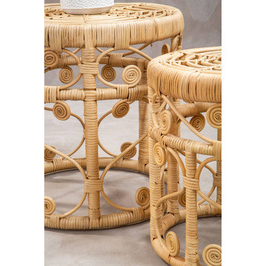 Natural Rattan Set of Two Nesting Tables with Tight Weave Top and Scrolled Base, Mataram