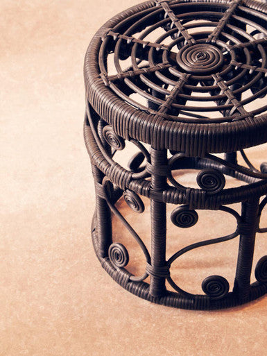 Black Natural Rattan Set of Two Nesting Tables with Tight Weave Top and Scrolled Base, Mataram