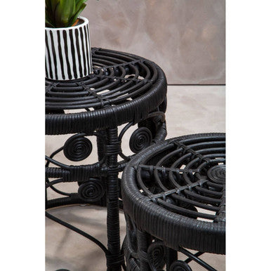 Black Natural Rattan Set of Two Nesting Tables with Tight Weave Top and Scrolled Base, Mataram