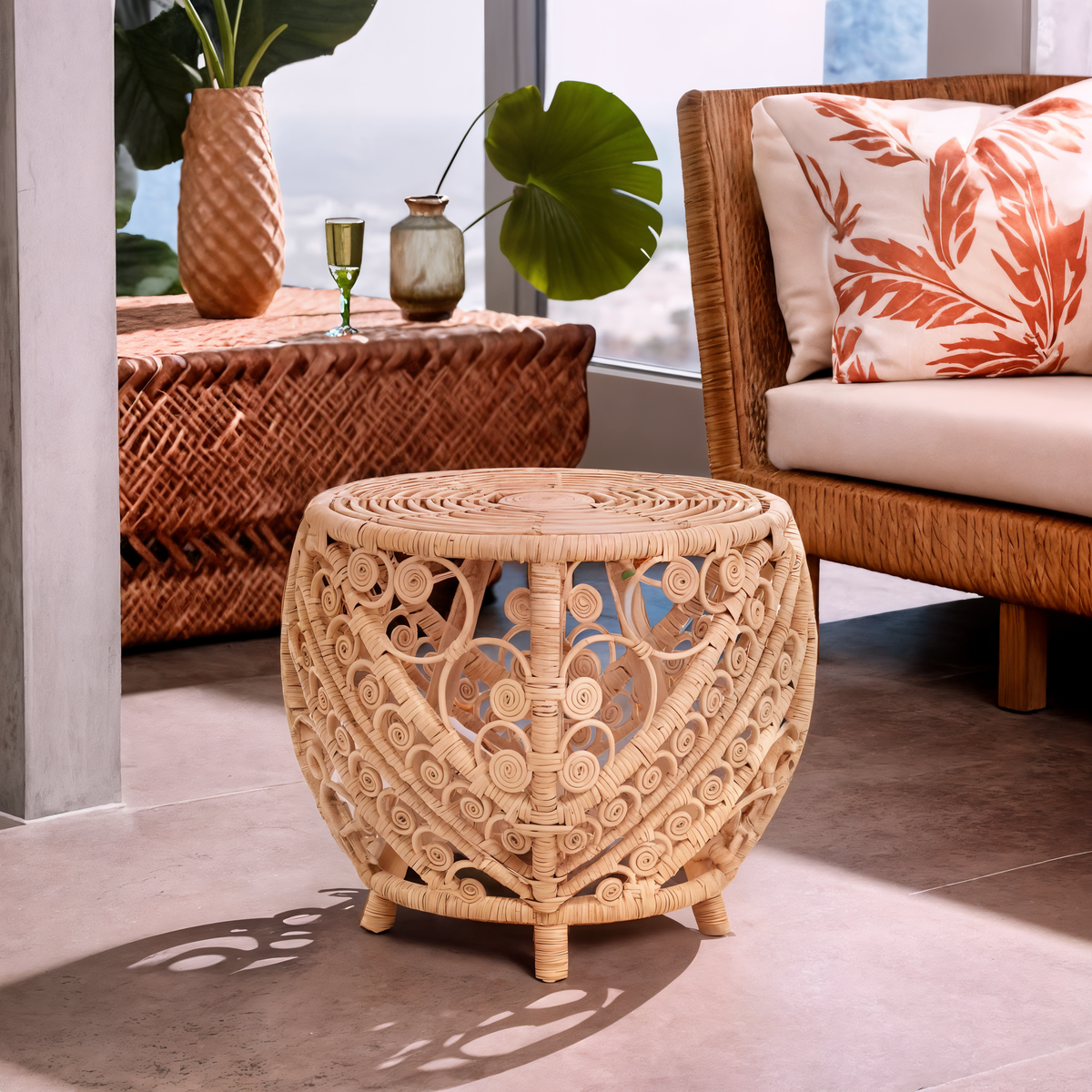 Decorative wicker side table with intricate patterns in a living room setting.