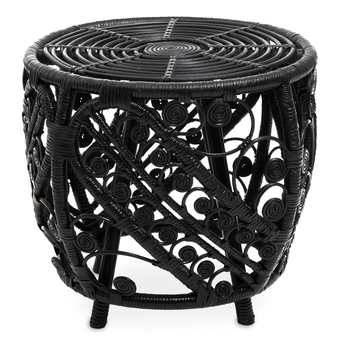 Black woven side table on a white background