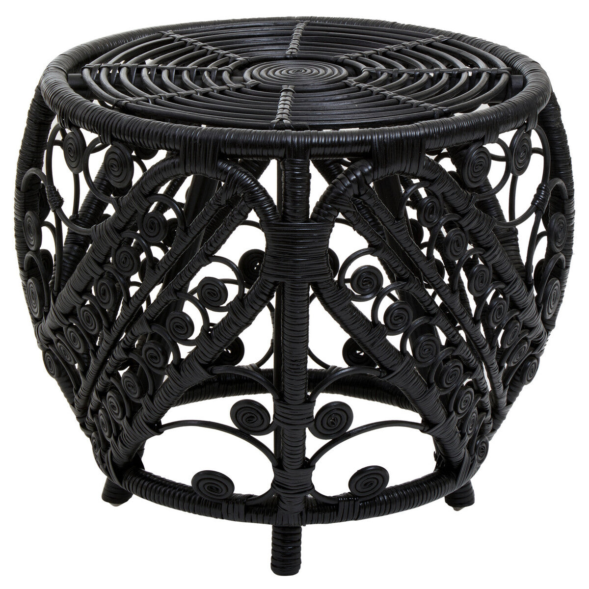 Black Natural Rattan Side Table with Tight Weave and Scrolled Detail, Mataram