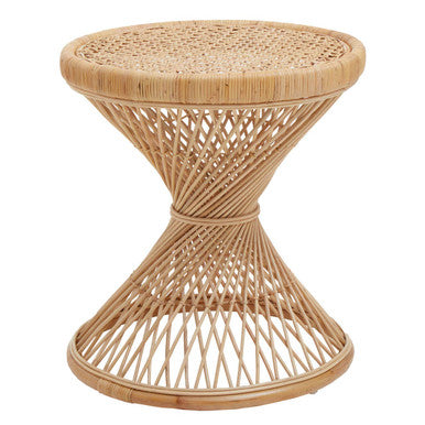 Woven rattan side table on a white background