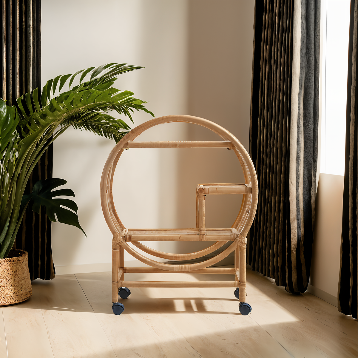 Rattan bar cart with wheels in a room with curtains and a plant