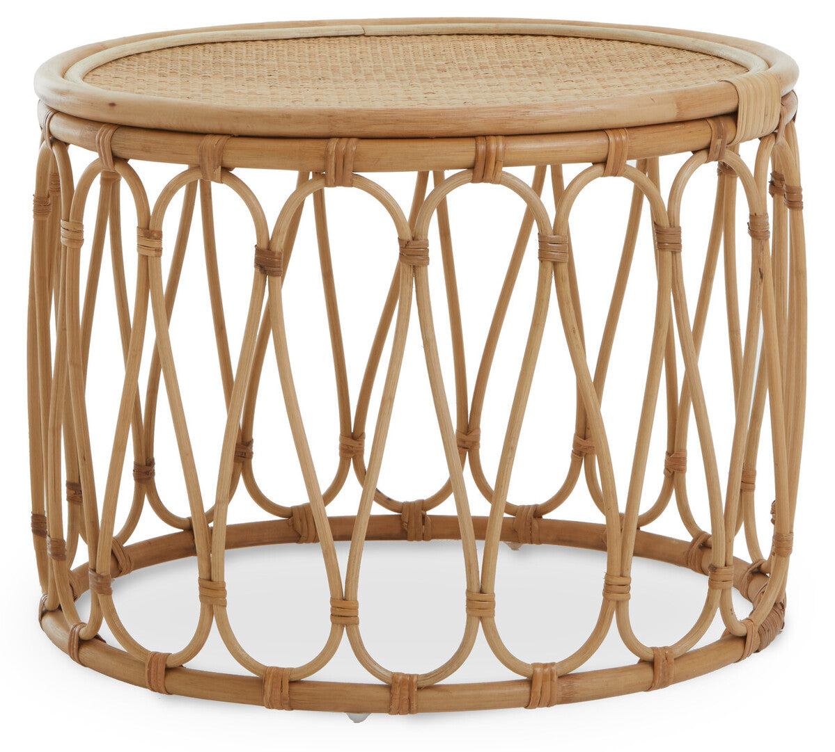 Round rattan coffee table on a white background