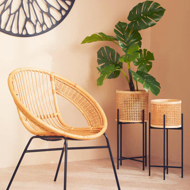 Wicker chair with two plant stands and a plant against a beige wall.