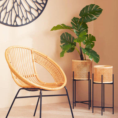 Wicker chair with two plant stands and a plant against a beige wall.