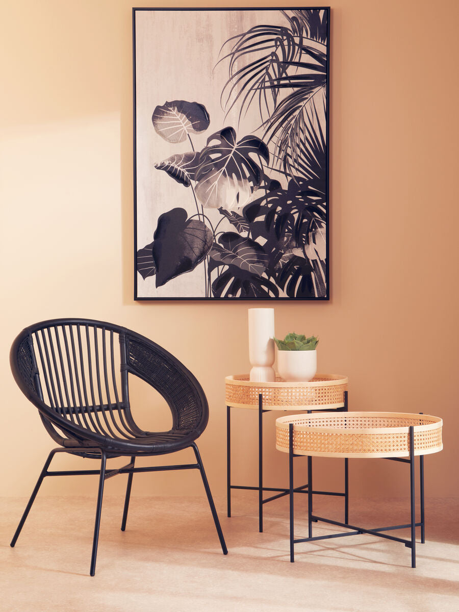 Natural Rattan Round Top Side Table with Black Metal Cross Base Legs | Depok