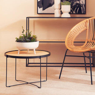 Wicker chair and small table with a plant against a wall with a framed leaf print.