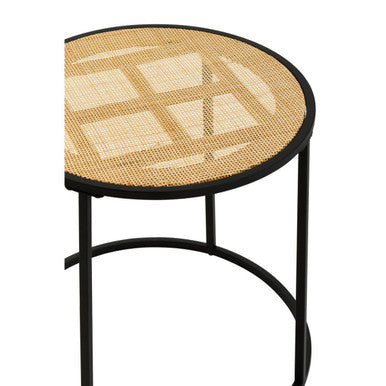 Natural Rattan Round Top Side Table with Black Metal Base, Depok